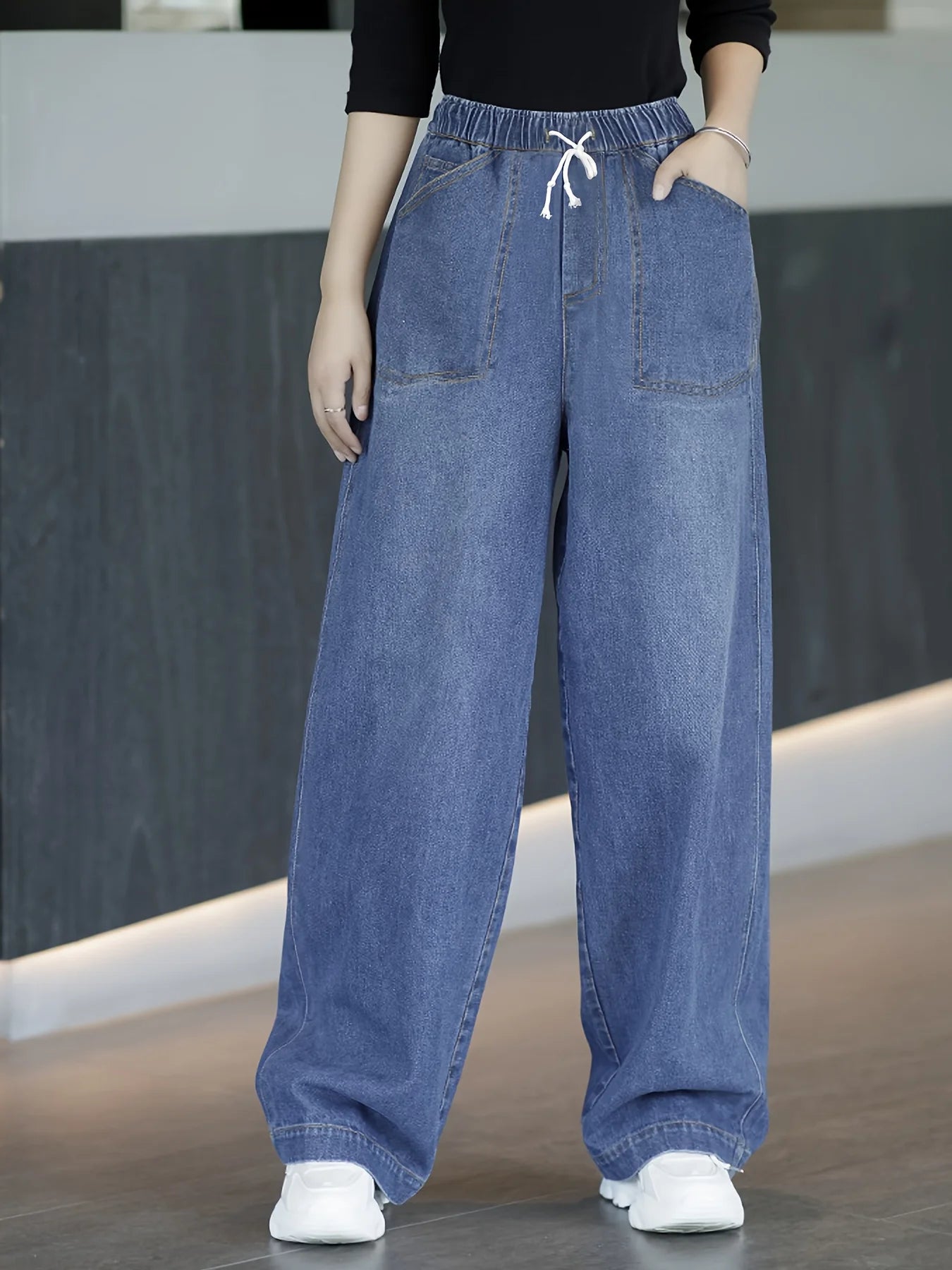 New Women's Blue Elastic Waist Denim Jeans, Casual Outdoor Denim Trousers, Suitable for Office, Vacation and Various Occasions